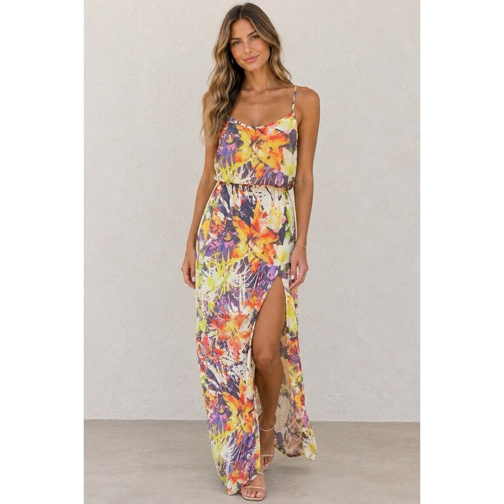 Jessica Simpson Watercolor Lily Floral Lined/Sheer Overlay Maxi Dress Size M